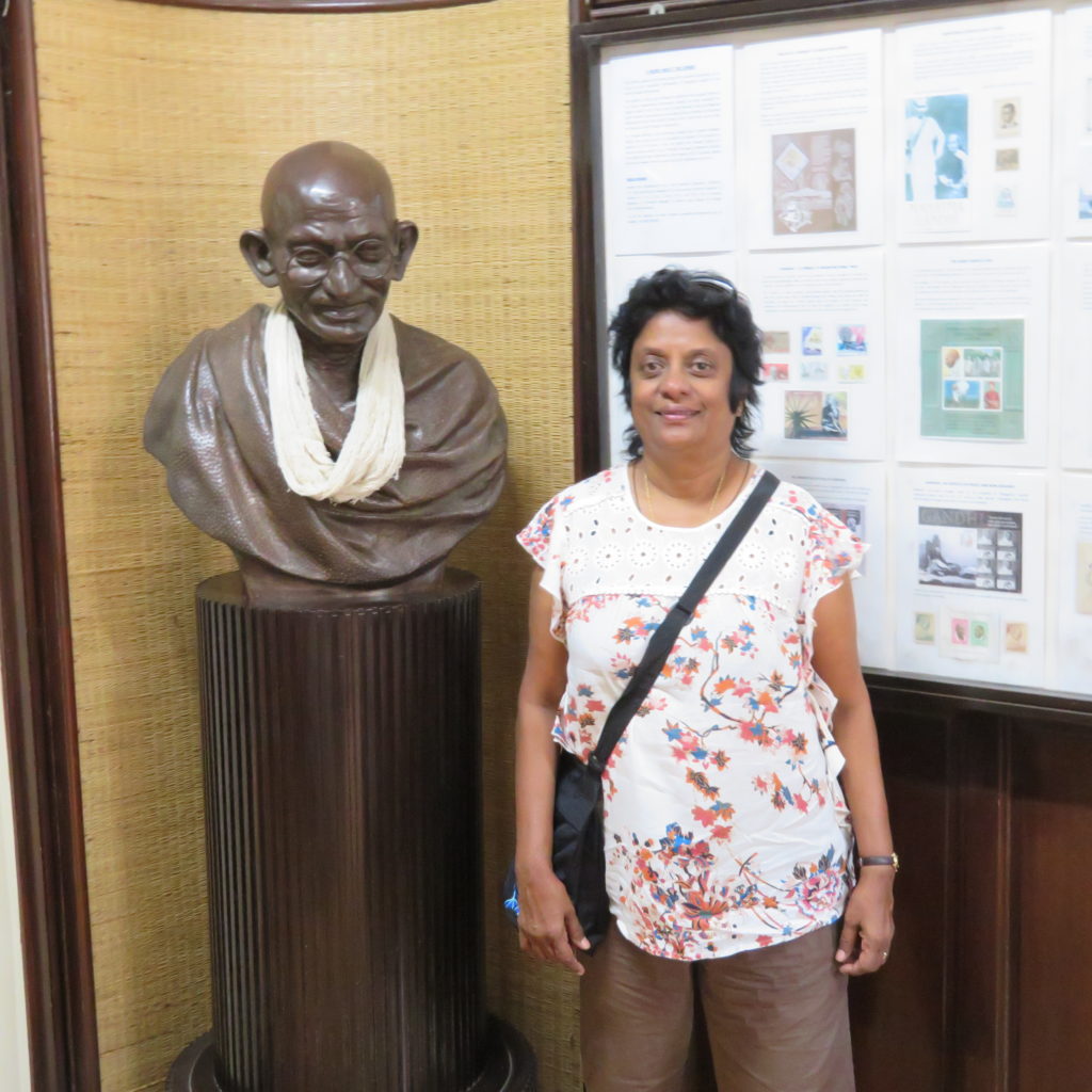 Posing by Statue of the Great Mahatma Gandhi at Mani Bhavan, Mumbai