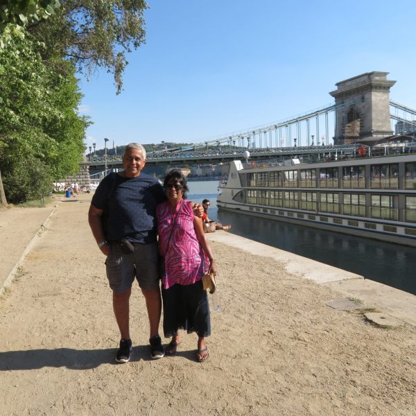 Posing by Our Ship on Banks of Danube in Budapest Hungary